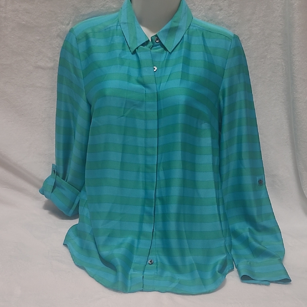 Ann Taylor Blue/Green Striped Button-Down Shirt
